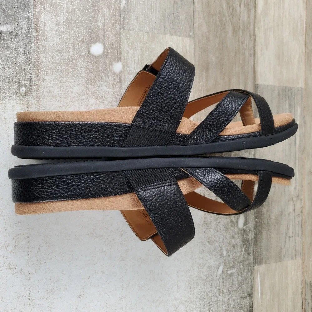 Vionic Carmela Womens Strappy Slide Sandals Sz 9 M Black Leather Toe Post Loop